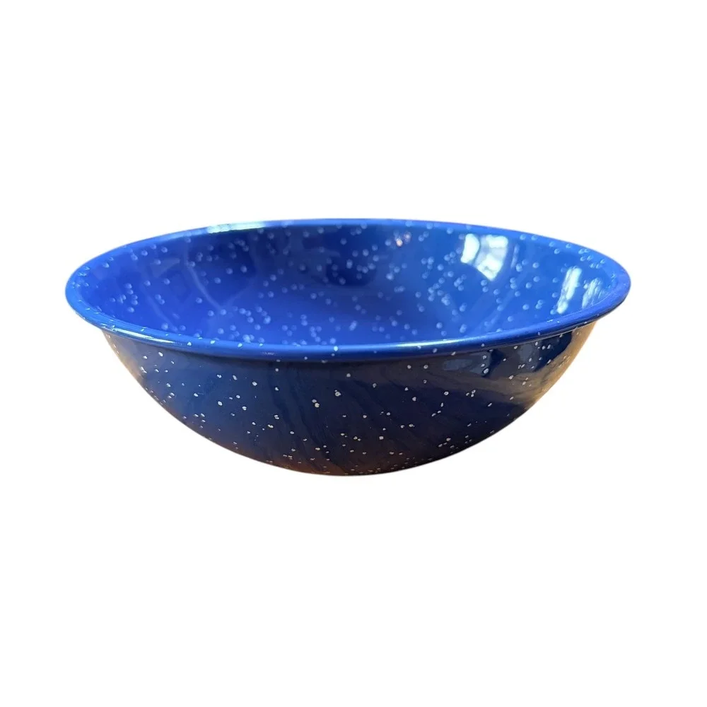 Vtg Blue Enamelware Speckled Bowl Cobalt White Splatter Camping Farmhouse 7.5